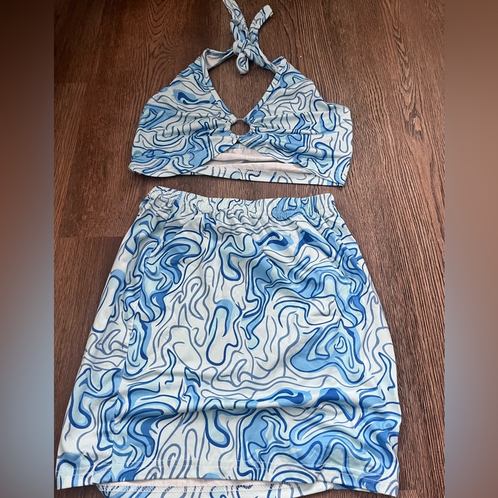 Blue Two Piece Skirt Set